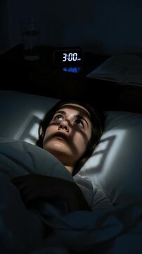Insomnia, sleeplessness, a person experiencing wakefulness and restlessness late at night, showing exhaustion and fatigue from sleep disturbance, a common disorder