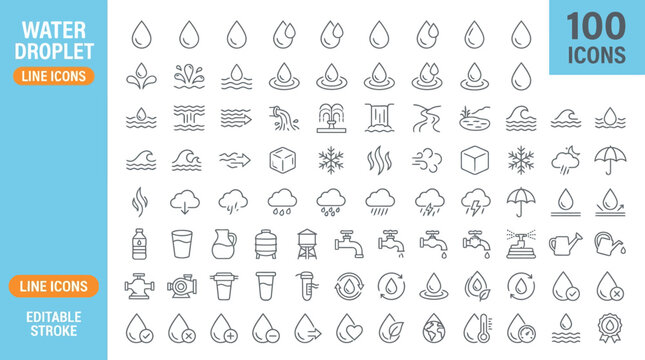 A collection of 100 water droplet line icons in editable stroke style for various design applications , jpg, vector icons file, png,