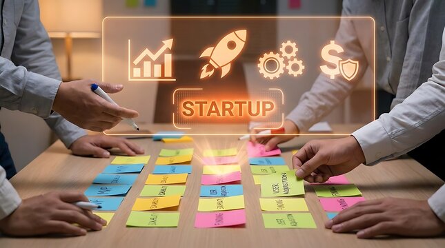 Startup business team collaborates on strategy planning with sticky notes and digital interface displaying growth charts, rocket, gears, and shield icons.