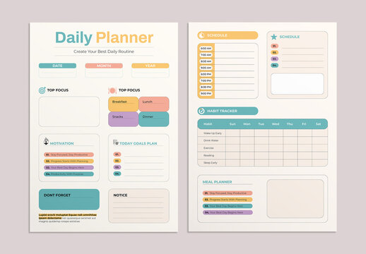 Minimalist Daily Planner Template Layout with To Do List and Habit Tracker