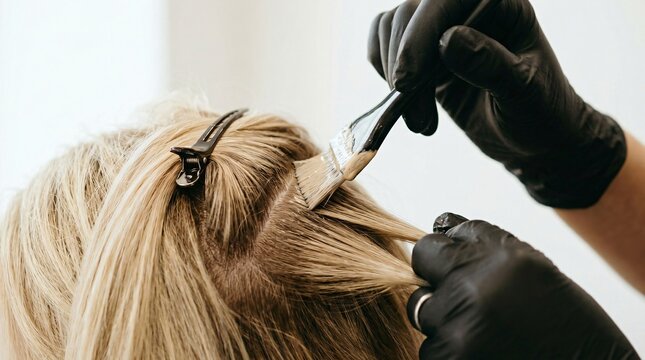 Hairdresser coloring blonde hair of woman in beauty salon. Professional stylist applying chemical dye with brush on roots. Haircare procedure for customer in grooming studio.