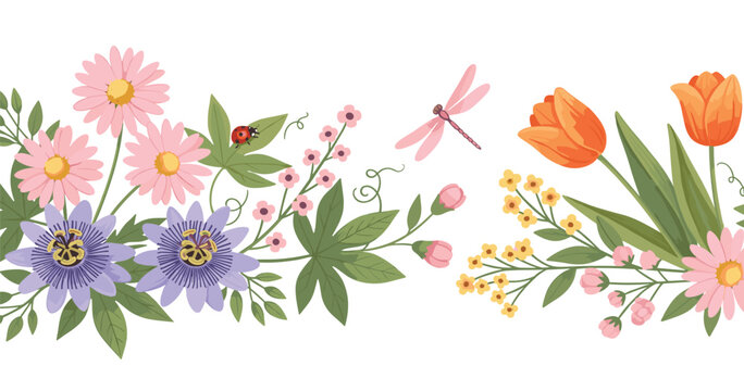 Decorative floral arrangement with passionflowers daisies tulips dragonfvector illustration,Decorative floral arradragonfly ladybug colorful nature composition vector 