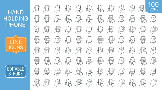 A collection of 100 line icons depicting hands holding phones in various positions, with editable strokes. , jpg, vector icons file, png,