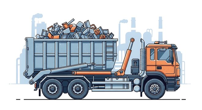Roll-off Dump Truck Loaded with Debris, Industrial Background, Waste Management