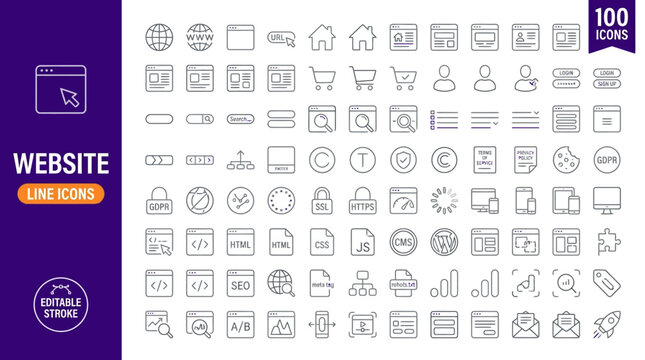 A collection of 100 editable website line icons in a modern style, featuring various symbols for web development, online business, and digital marketing. , jpg, vector icons file, png,