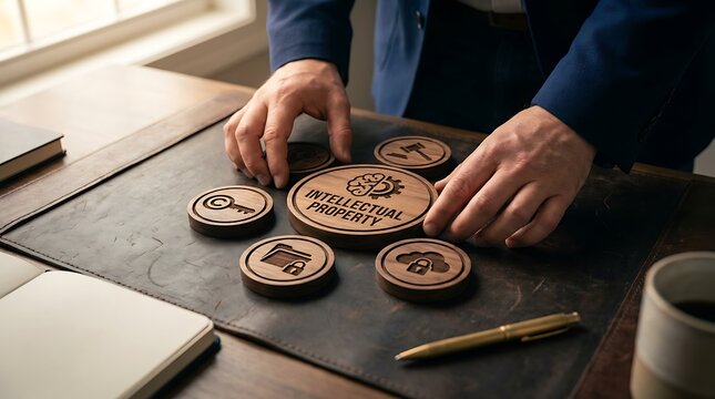 Hands arranging wooden puzzle pieces symbolizing intellectual property protection, including brain, key, gavel, folder, and cloud security concepts.