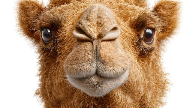 Camel snout and eyes showcasing rich golden brown fur, humorous and highly detailed desert animal face isolated on a black background.