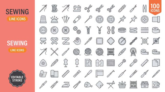 A collection of 100 editable line icons depicting various sewing tools and equipment on a clean white background with a salmon-colored sidebar , jpg, vector icons file, png,