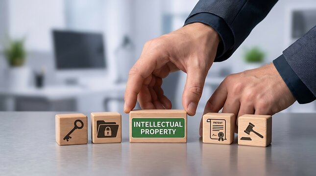 Hands arranging wooden blocks representing intellectual property, patent, and legal protection, symbolizing innovation and asset management in business.
