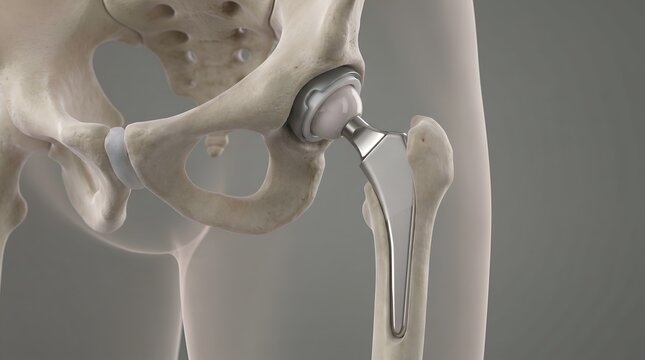 Close up 3D illustration of a hip replacement prosthesis inside a human pelvis and femur bone.