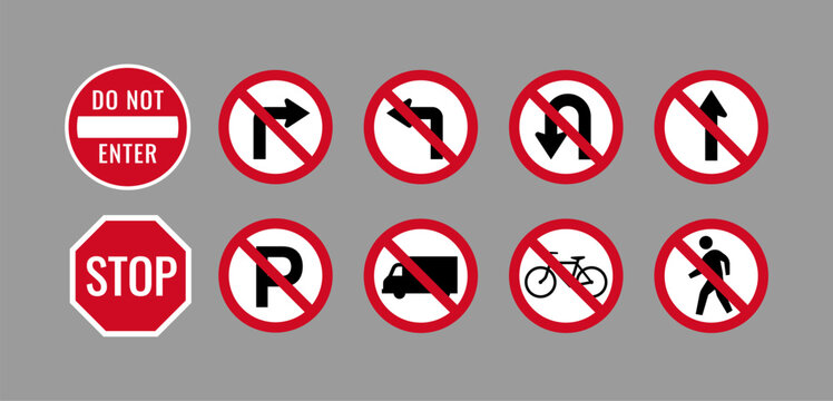 Multiple road prohibition signs in clean graphic style on grey background, representing traffic restriction concepts. Vector illustration