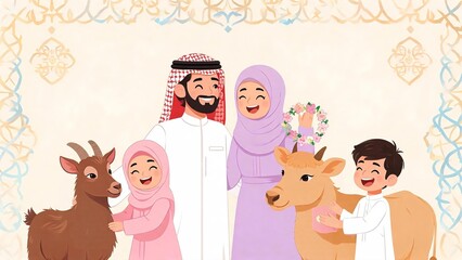 Obraz premium Muslim Family Celebrating Eid al Adha with Goat and Cow Flat Vector Illustration