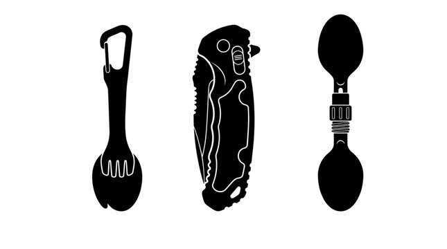 Outdoor gear icons, camping tools, spork, flashlight, spoon, vector illustrations