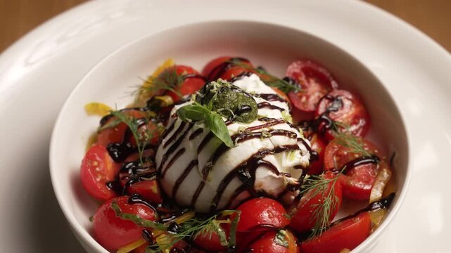 Appetizing Italian burrata cheese salad with cherry tomatoes, pesto, and balsamic vinegar, fa01