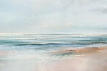 Fototapeta premium Abstract seascape painting featuring soft pastel colors, a calm ocean horizon, and tranquil waves on the beach