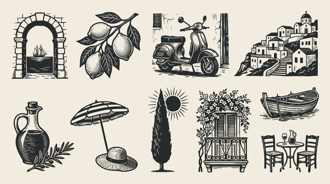Mediterranean travel icon set, vintage coastal vacation linocut illustration, summer village and food motif