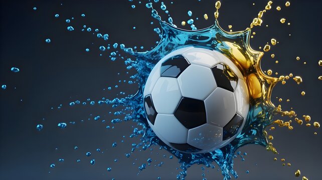 Dynamic soccer ball with explosive blue and gold liquid splash on a dark background.