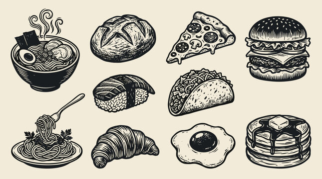 Hand drawn food icon collection, ramen, pizza, burger, sushi, taco, pasta, linocut style, cream background