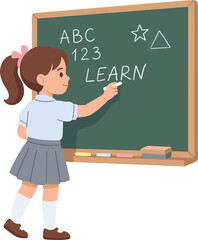 Little school girl writing on green blackboard with chalk, primary elementary education concept vector illustration