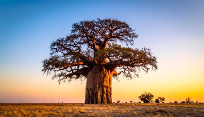 Fototapeta premium Majestic African landscape photography highlighting a massive ancient baobab tree standing under a bright sky.