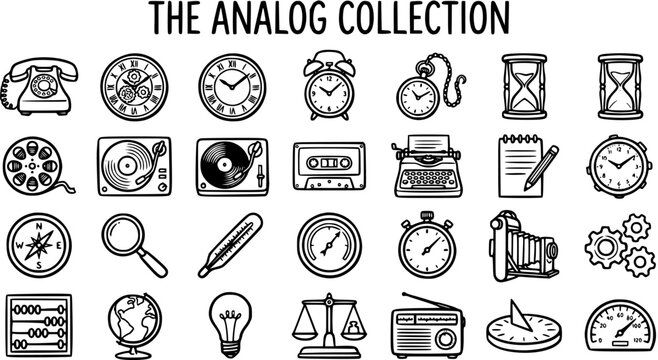 Hand-Drawn Black  White Line Art Analog Icons Collection. Retro Vintage Old Technology, Time, Measurement  Communication Devices Set.
