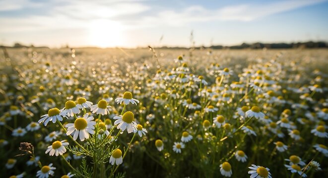 Sunrise over a field of blooming chamomile flowers, soft light, serene nature landscape.