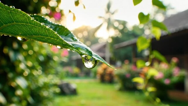 Morning dew on a green leaf with a large water droplet and tranquil garden view, idyllic nature scene
