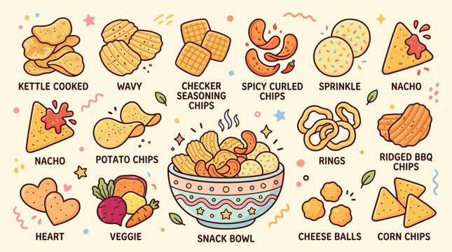 A vibrant cartoon illustration showcasing a variety of delicious potato chips and snack types, including kettle cooked, wavy, nacho, veggie, and cheese balls, arranged around a central snack bowl.