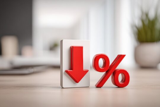 Percentage symbol next to red arrow pointing down. 3d percent sign on office background. Seasonal sale, discount. Rate for finance, return. Investment ROI. Financial concept. Falling interest rates
