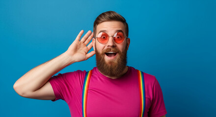 Naklejka premium Man with beard, rainbow suspenders, and red sunglasses listening intently, expressing curiosity and surprise, representing awareness, openness, and joy.