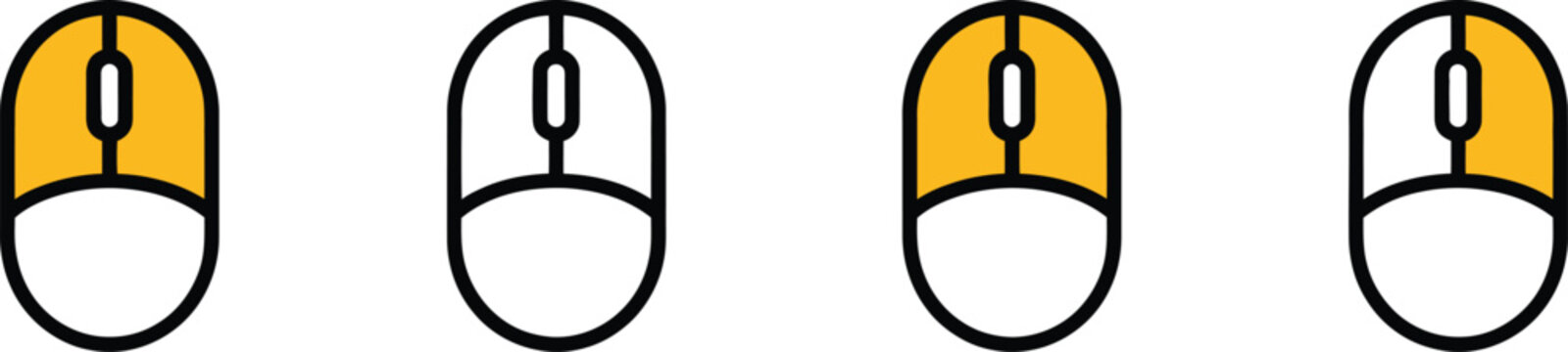 Four yellow and white computer mice with black outlines computer mouse technology digital cursor
