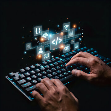 A person's hands typing on a glowing keyboard with various digital icons floating above, representing software development and coding.