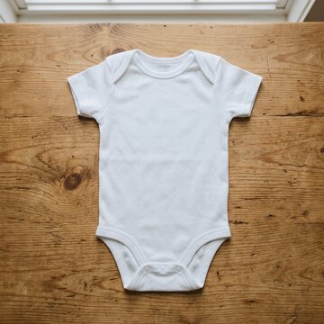 White baby onesie laid flat on rustic wooden surface with natural lighting