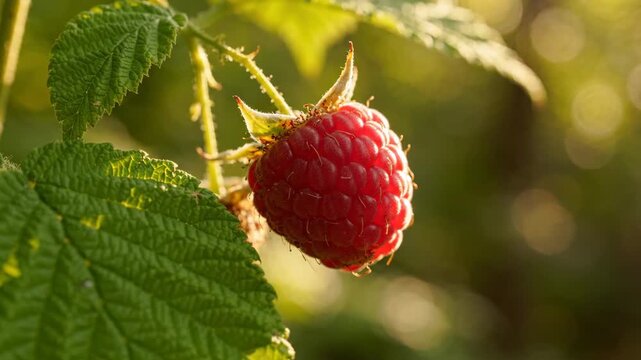 Ripe raspberry hanging on branch in garden with bokeh background for nature and food content