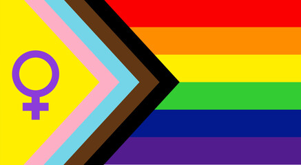 Lesbian progress pride flag featuring the venus female gender symbol, lgbtq women identity and human rights community emblem, colorful rainbow flag vector illustration isolated on white background © Karla