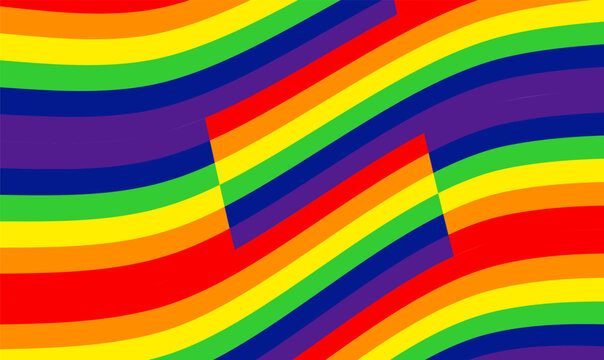 Wavy rainbow lines abstract background with central geometric banner, creative fluid motion design for lgbt pride celebration, colorful flag stripes graphic backdrop