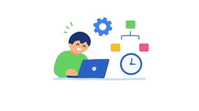 Animated character working on a laptop with spinning clock and workflow chart icon. Simple motion graphic for business productivity and time management concept.