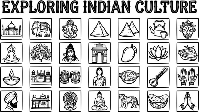 Indian Culture Icons Line Art Set - Black and White Doodle Illustrations of India's Heritage, Travel, Food, and Symbols