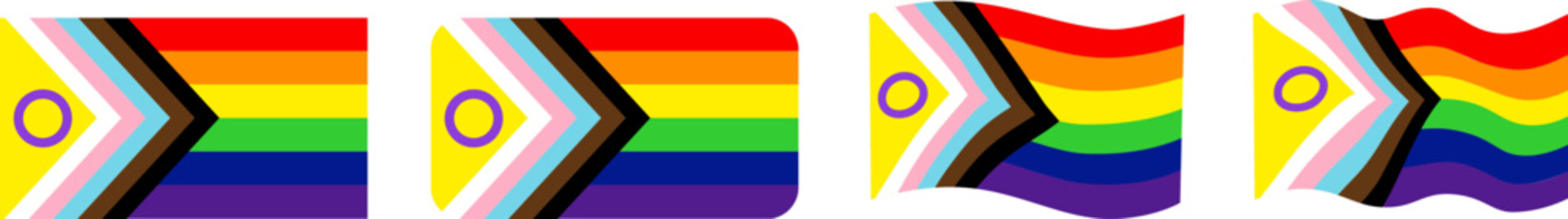 Progress pride flag set with intersex circle symbol variations, horizontal banners showing flat and wavy flag designs, lgbtq community inclusion concept elements isolated on white background