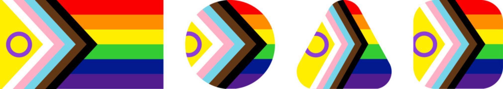 Progress pride flag geometric shape icons with intersex symbol, collection of rectangle circle triangle and square badges, lgbtq community inclusion graphic elements isolated on white background