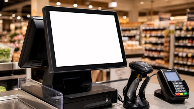 Blank white POS terminal screen mockup at a supermarket checkout counter.