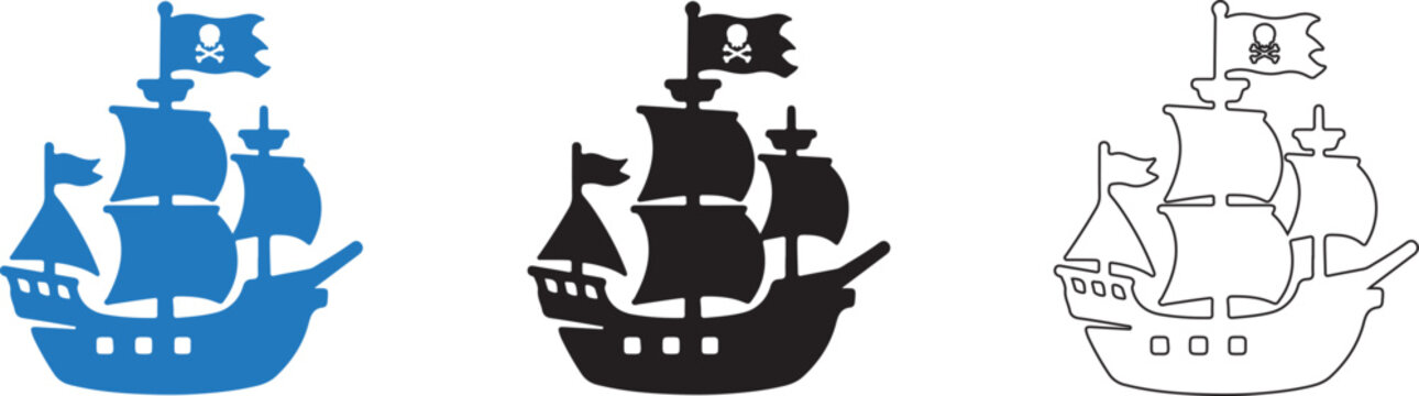 Pirate ship icon 3 icon concepts colour icon, solid icon, and line art transparent png sailing adventure maritime editable vector eps collection