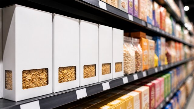 Blank white cereal boxes mockup standing in a row on a supermarket shelf.