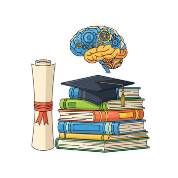Education and knowledge concept: Books, brain, diploma, isolated