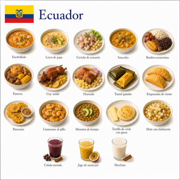  En la imagen se presentan los platos m&aacute;s famosos de la cocina ecuatoriana como encebollado, ceviche, llapingachos y hornado.
