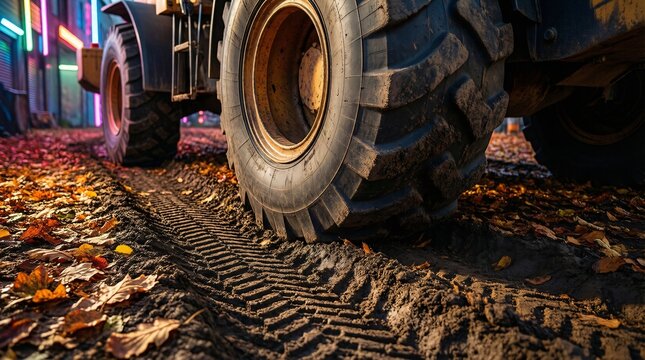 Heavy Industrial Tire Leaving Muddy Tracks Among Autumn Leaves