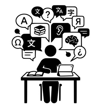 Learning languages icon with books and electronic devices, modern educational concept illustration