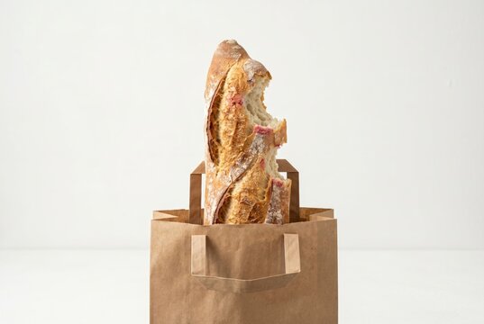 Baguette with Bite Marks in Brown Kraft Paper Grocery Bag