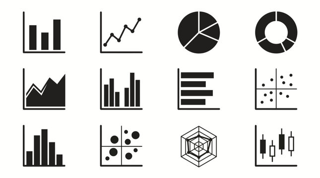 Data visualization chart icons set with bar, line, pie, donut, scatter, histogram, bubble, radar, candlestick, analysis