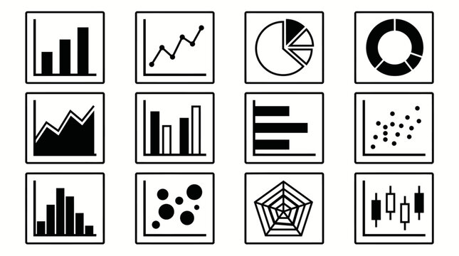 Data visualization chart icons set with bar, line, pie, donut, scatter, histogram, bubble, radar, candlestick, analysis
